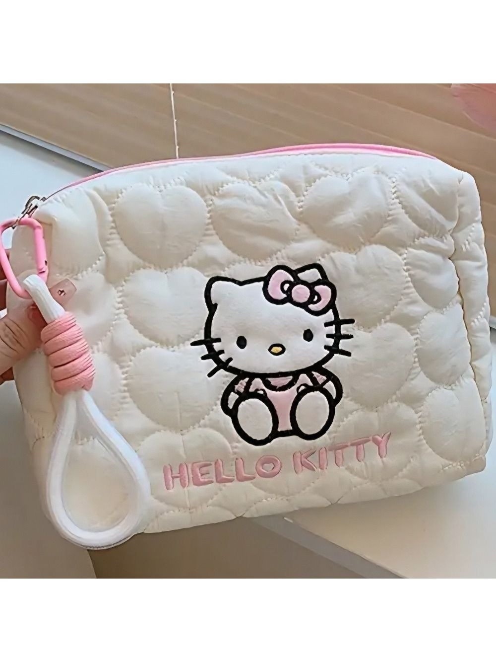 Embroidered Hello Kitty Quilted White and Pink Puffy Cosmetics Case